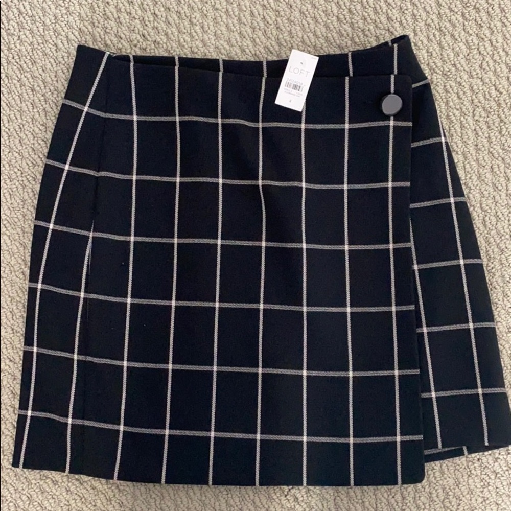 LOFT Black Windowpane Wrap Skirt with White Grid